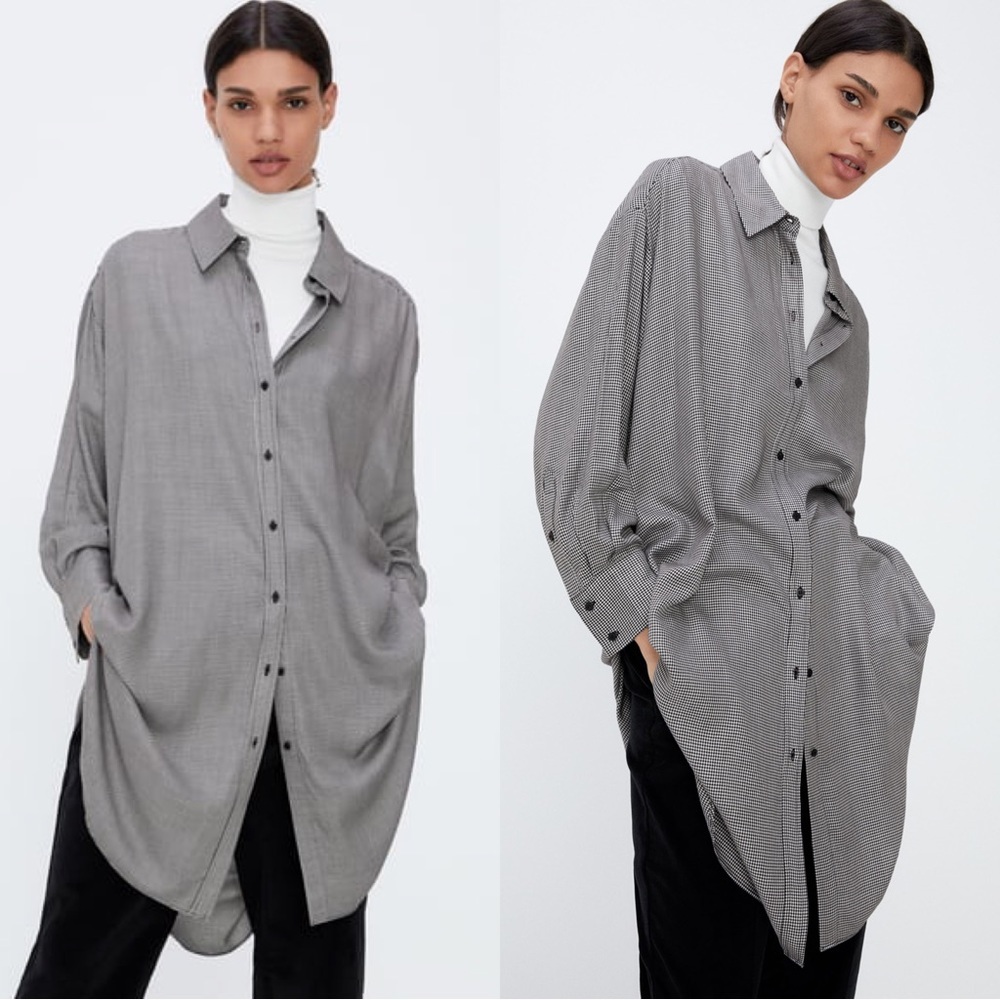 ZARA Houndstooth Oversized Dress Blouse Black White Small
